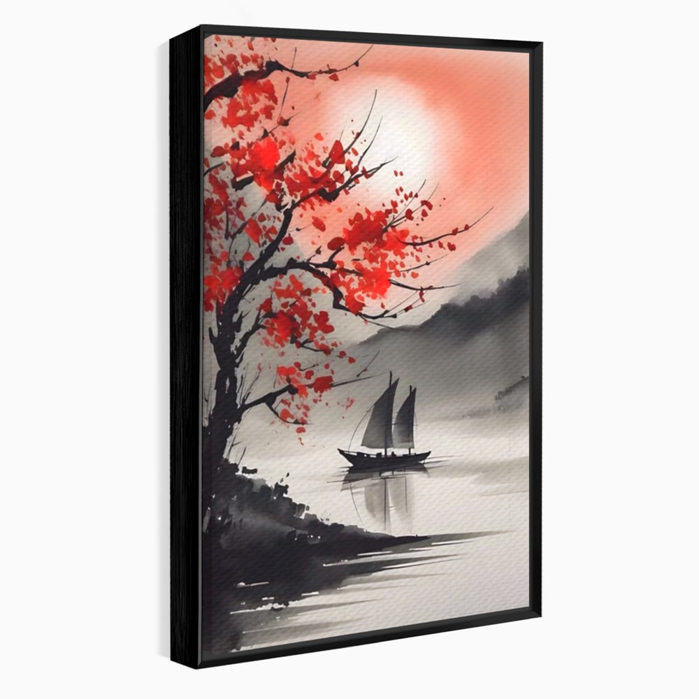 Tablou canvas cu tablou canvas cu barca si copac rosu, in rama de aluminiu negru